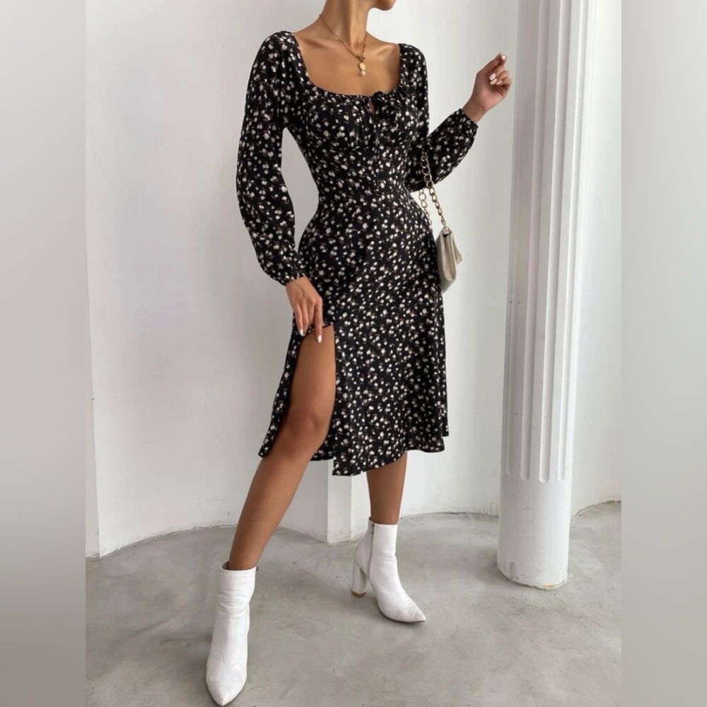 Floral Prairie Style Front Slit Dress